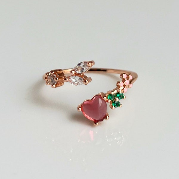 Flower Red Heart Ring, Red Gemstone Ring Rose Gold, Adjustable Ring, 14K Gold Plated, Sweet Heart Ring Boho Jewelry, Petite Ring