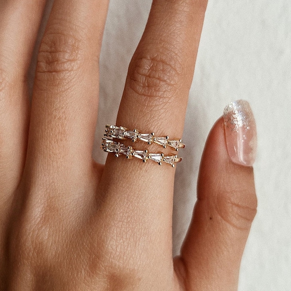 Doppel Band Zirkonia CZ Ring, Zweireihig Glitzer Ring, 14K Vergoldung Edelsteine Offener Ring