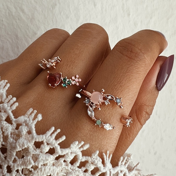 Halbmond Ring Glitzer Kristalle Roségold, rosa Edelsteine Ring verstellbarer, 14K Zirkonia Ring, Mondring Romantik Liebe Freundschaft