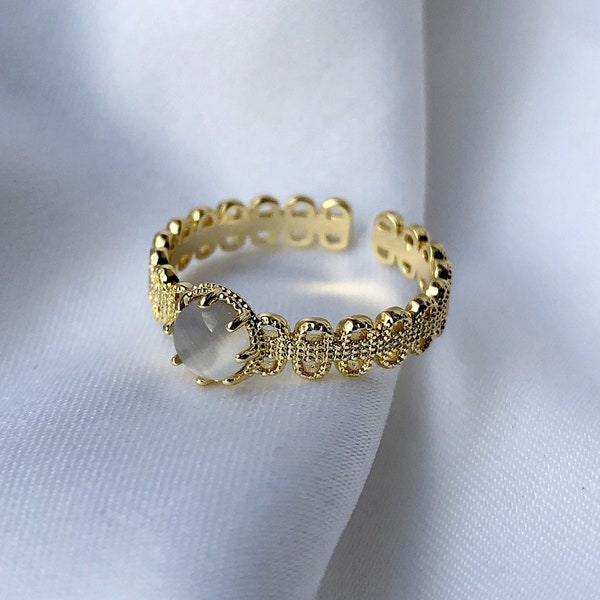 Mondstein Ring echt vergoldet, Himmlischer Ring mit Edelstein, Süßes verstellbarer Ring Boho minimalistisch brautschmuck valentinstag