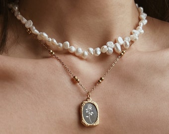 Unregelmäßige Süßwasserperlen Halskette, Choker Naturperlenkette, Echte groß Perlen Kurze Halskette, Brautschmuck Mädchen Geschenk