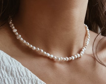 Simple natural pearl necklace, real freshwater pearl choker necklace, handmade delicate small white pearl short chain for women