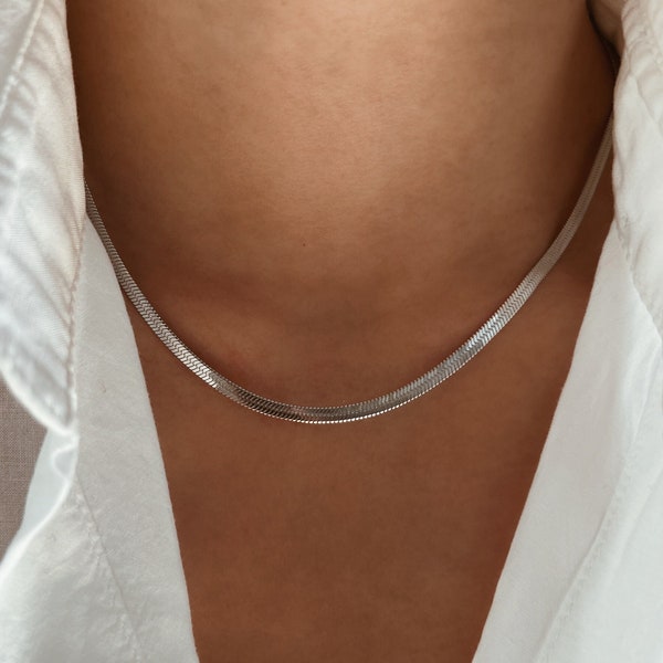 3mm Schlangenkette Silber aus Edelstahl, Schlichte Kette ohne Anhänger, flache Fischgräte Choker Halskette, Minimalistische Gliederkette