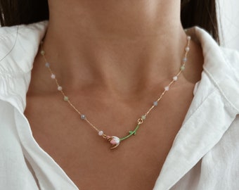 Tulip Necklace with Colorful Small Stones, Dainty Tulip Pendant 18k Gold Plated, Choker Short Floral Necklace, Gift for Her