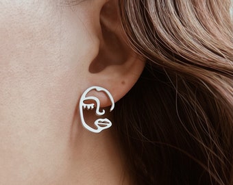 Modern face stud earrings in silver, abstract unique portrait earrings, 925 silver vintage minimalist, human silhouette