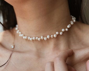 Sierlijke filigraan choker parelketting, 18k verguld met zoetwaterparels, echte kleine parels korte ketting