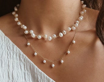 Collar de perlas finas impermeables hecho de acero inoxidable, delicado collar de perlas gargantilla de filigrana, collar corto de perlas pequeñas minimalista