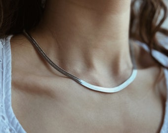 Choker chain fish bone, snake necklace silver, simple chain unisex without pendant 18K gold-plated stainless steel, sister BFF gift