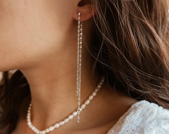 Boucles d'oreilles à longue chaîne en argent, boucles d'oreilles pendantes, boucles d'oreilles pendantes à chaîne fine et délicate, frange en argent 925 minimaliste plaquée or 18 carats