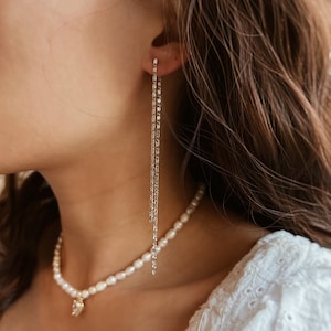 Långa silverkedjeörhängen, dinglande trådörhängen, fina tunna kedjeörhängen, 925 silverfransar minimalistiska 18K guldpläterade