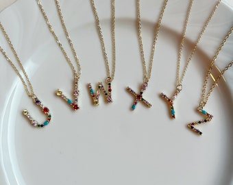 Personalized rainbow letter necklace, crystal fine dainty initial necklace with colorful gemstones, alphabet monogram necklace