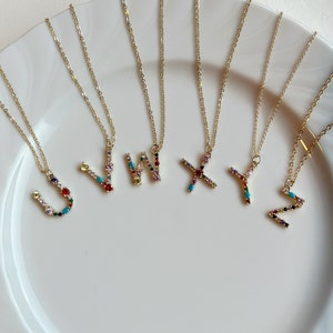 Personalized rainbow letter necklace, crystal fine dainty initial necklace with colorful gemstones, alphabet monogram necklace