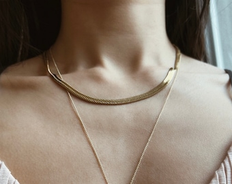 Choker chain fish bone, snake necklace gold, simple chain without pendant 18K gold plated stainless steel, layered thick necklace