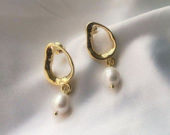 Süßwasser Perle Tropfen Ohrringe, Gold Reifen Hängeohrringe, baumelnden Tropfen 18k vergoldet, Valentinstag Geschenk 925er Silber