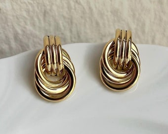 Pendientes de nudo vintage de oro, pendientes minimalistas de plata 925, pendientes delicados y delicados