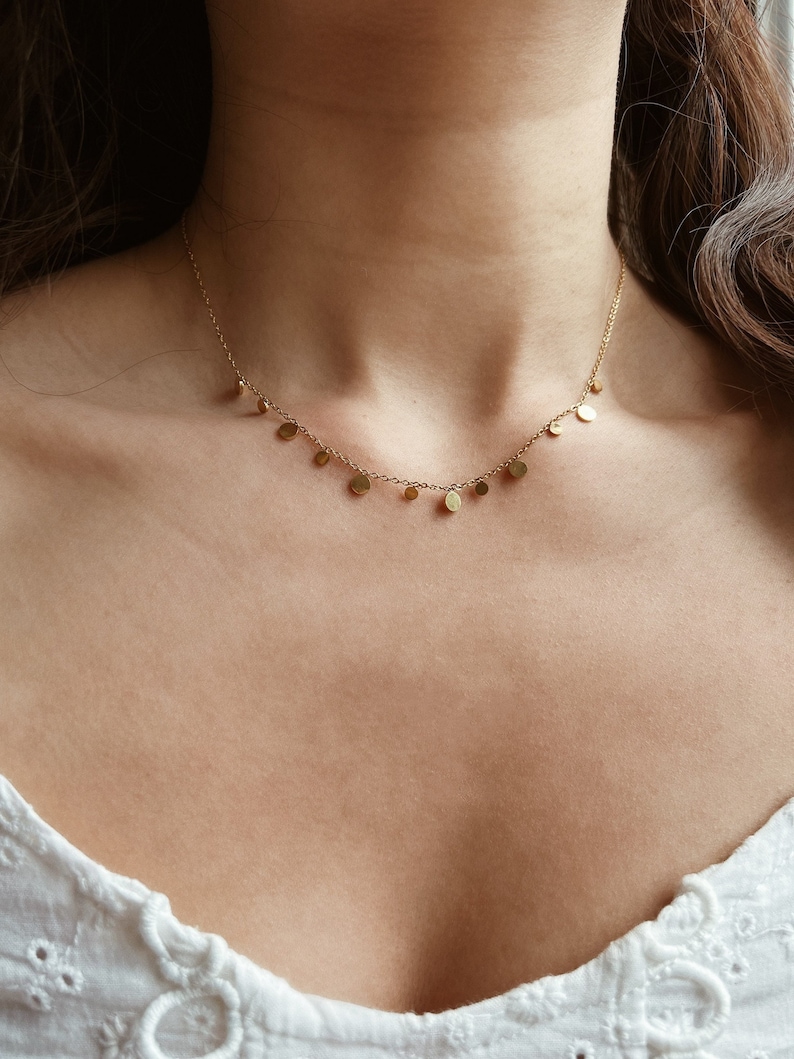 Gold Necklace with Small Plates, Fine Delicate Necklace with Coins Pendant, 18K Gold Plated Stainless Steel, Short Necklace Filigree Choker image 2