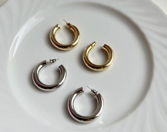 Thick Hoop Earrings in Silver Color, Round Earrings