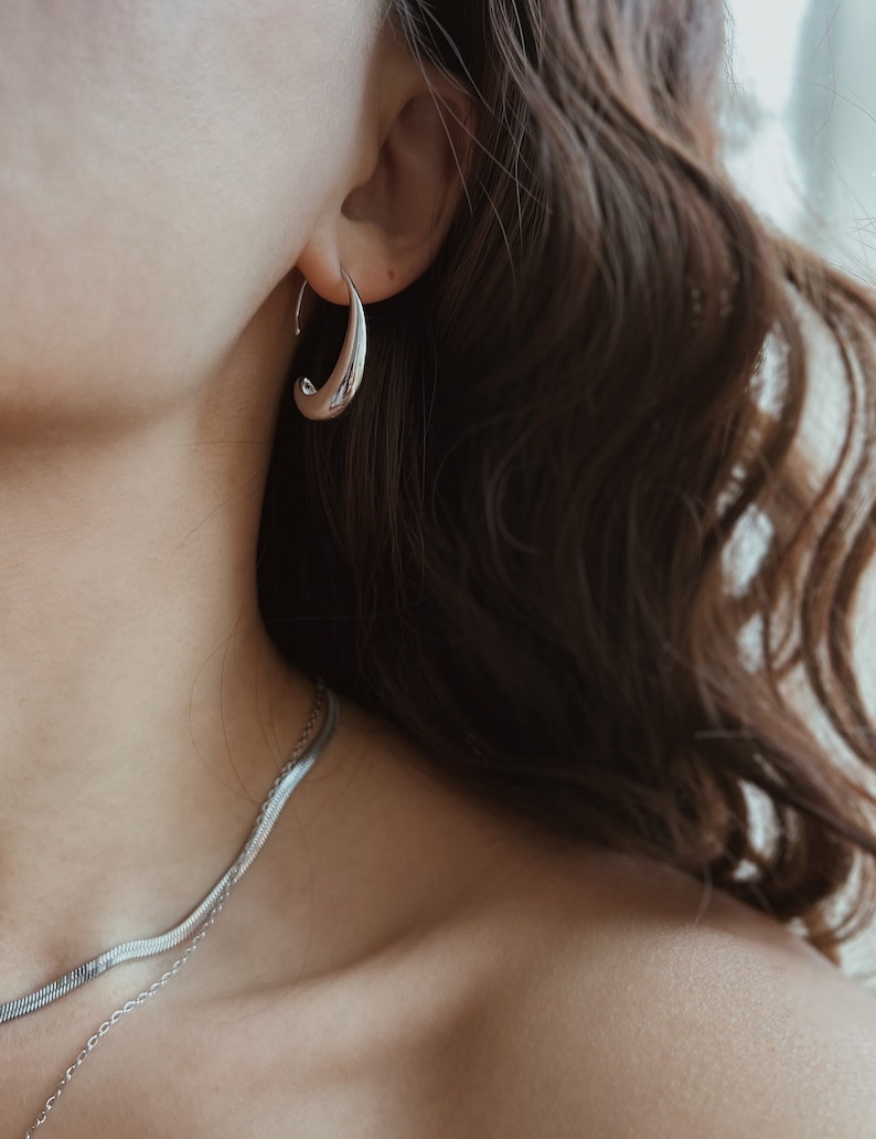 Silver Water Drop Earrings, Oval Open Hoop Earrings, Minimalist Simple Earrings Geometric, Hook Hoop Earrings Hypoallergenic image 8