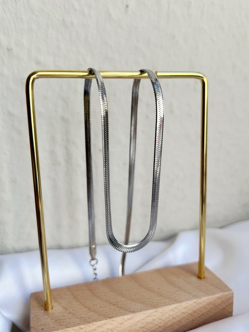 3 mm zilveren slangenketting van roestvrij staal, eenvoudige ketting zonder hanger, platte chokerketting met visgraatmotief, minimalistische schakelketting afbeelding 5