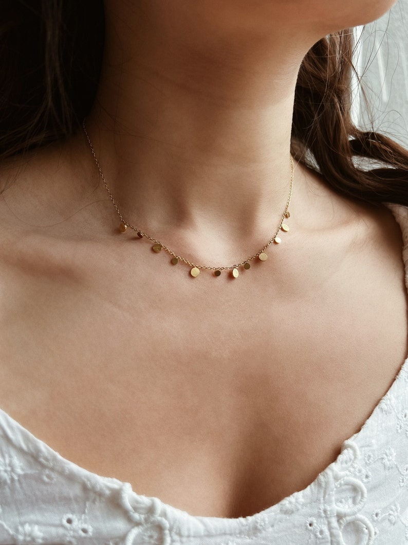 Gold Necklace with Small Plates, Fine Delicate Necklace with Coins Pendant, 18K Gold Plated Stainless Steel, Short Necklace Filigree Choker image 8