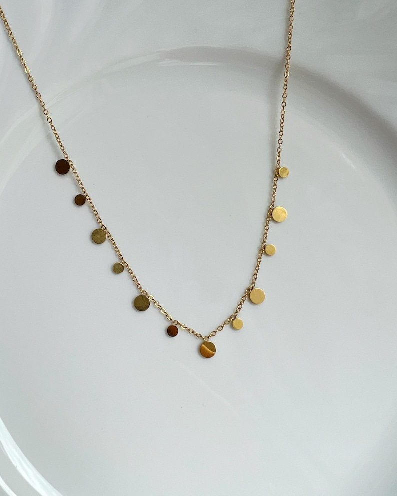 Gold Necklace with Small Plates, Fine Delicate Necklace with Coins Pendant, 18K Gold Plated Stainless Steel, Short Necklace Filigree Choker image 3