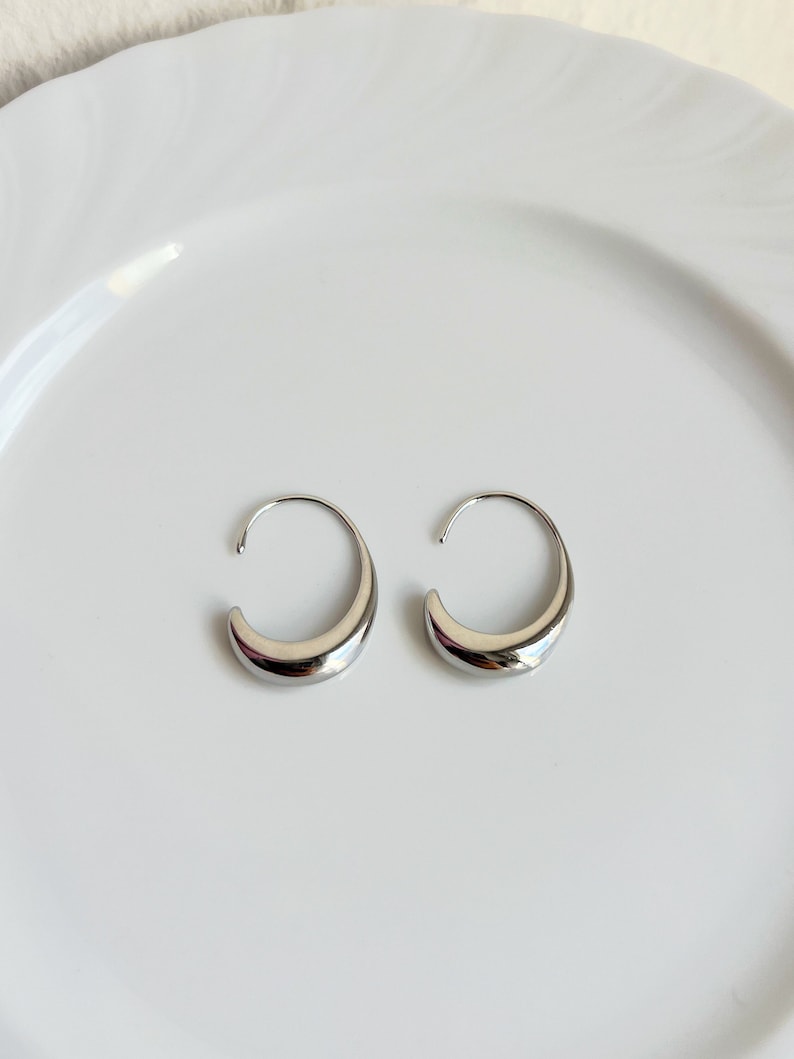 Silver Water Drop Earrings, Oval Open Hoop Earrings, Minimalist Simple Earrings Geometric, Hook Hoop Earrings Hypoallergenic image 1