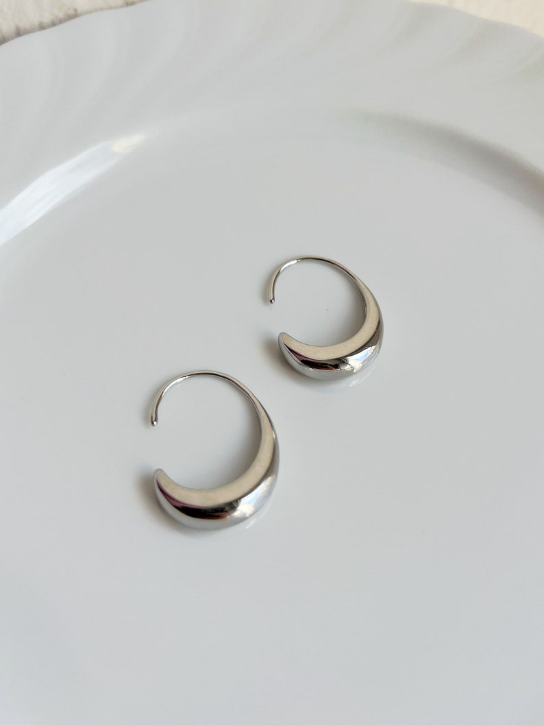 Silver Water Drop Earrings, Oval Open Hoop Earrings, Minimalist Simple Earrings Geometric, Hook Hoop Earrings Hypoallergenic image 6