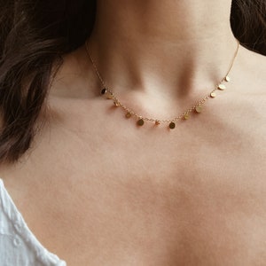 Gold Necklace with Small Plates, Fine Delicate Necklace with Coins Pendant, 18K Gold Plated Stainless Steel, Short Necklace Filigree Choker image 10