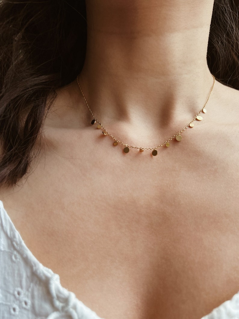 Gold Necklace with Small Plates, Fine Delicate Necklace with Coins Pendant, 18K Gold Plated Stainless Steel, Short Necklace Filigree Choker image 10