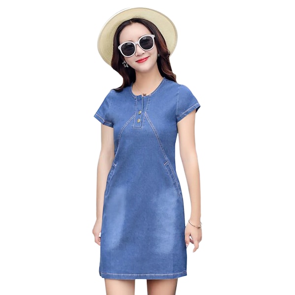 NANY JEANS Denim Dress for Women. Pretty Sleeve Jean Dresses for Women's. V Neck Stylish Casual Blue Denim T-Shirt Dress