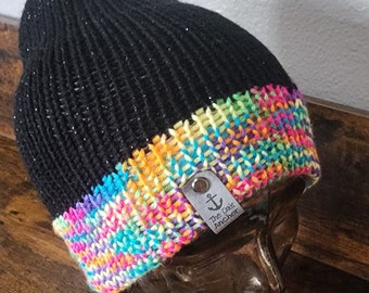 Rainbow Sparkle Knit 2 Layer Hat - Washable - Older Child to Adult Size - Soft Aceylic - Fall Fashion - Winter Gift