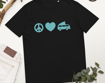PeaceLoveBus Vanlife Poptop Campervan Camper Van Nomad Unisex biologisch katoenen t-shirt Peace Sign Love Heart Vibes