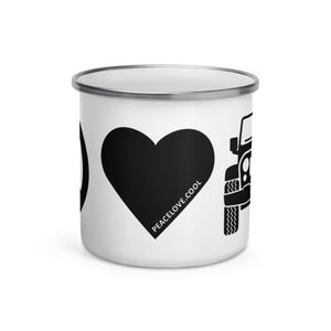 May include: White enamel mug with a black heart, a black Jeep illustration, and the text "PEACELOVE.COOL". The mug has a silver rim and a simple, clean design. Perfect for coffee, tea, or any beverage.