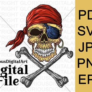 Puede incluir: Un cráneo de pirata con un pañuelo rojo y un parche en el ojo, huesos cruzados detrás del cráneo.