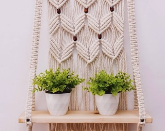 Cream-clored Macrame Wall Shelf and Bookshelf