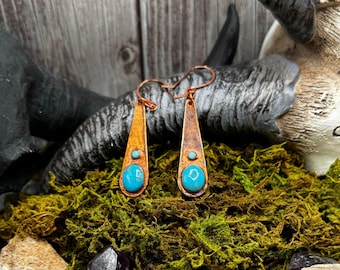 Elegant Copper Electroformed Kingman Turquoise Drop Earrings