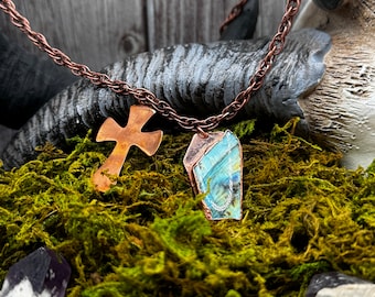 Handcrafted Copper Electroformed Labradorite Coffin Necklace with Cross Charm