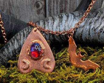 Mystical Copper Planchette Pendant with Dragon's Breath Cabochon and Bat Charm