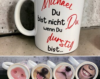 Lustige Tasse mit Tierschnauze auf dem Tassenboden | Geschenk | personalisiert mit Spruch | Keramiktasse | witzig | Affe | Schwein | Hund