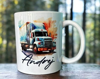 Tasse mit Lastwagen Aquarell-Bild und Namen - Geschenk für LKW-Fahrer - Sattelzug Keramik Tasse - personalisiert
