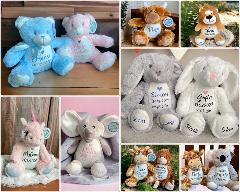 Stofftier mit Namen 26 versch. Kuscheltiere Baby Kinder personalisiert Geschenk zur Geburt Plüschtier mit Namen Bild 3