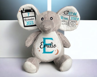 Wundervolles Geschenk zur Geburt - personalisierter Elefant mit Namen und Geburtsdaten - Kuscheltier - Plüschtier - Taufgeschenk