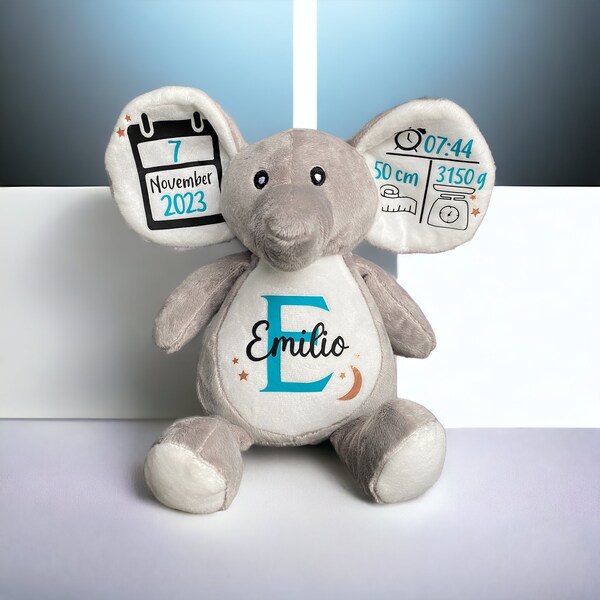 Wonderful birth gift - personalized elephant with name and dates of birth - cuddly toy - plush toy - christening gift
