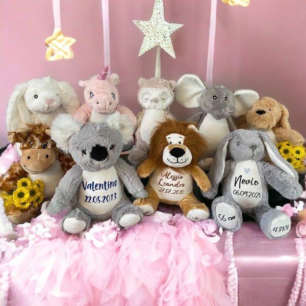 Jouet en peluche avec nom | 26 peluches différentes | Bébé | Enfants | personnalisé | Cadeau de naissance | Peluche avec nom