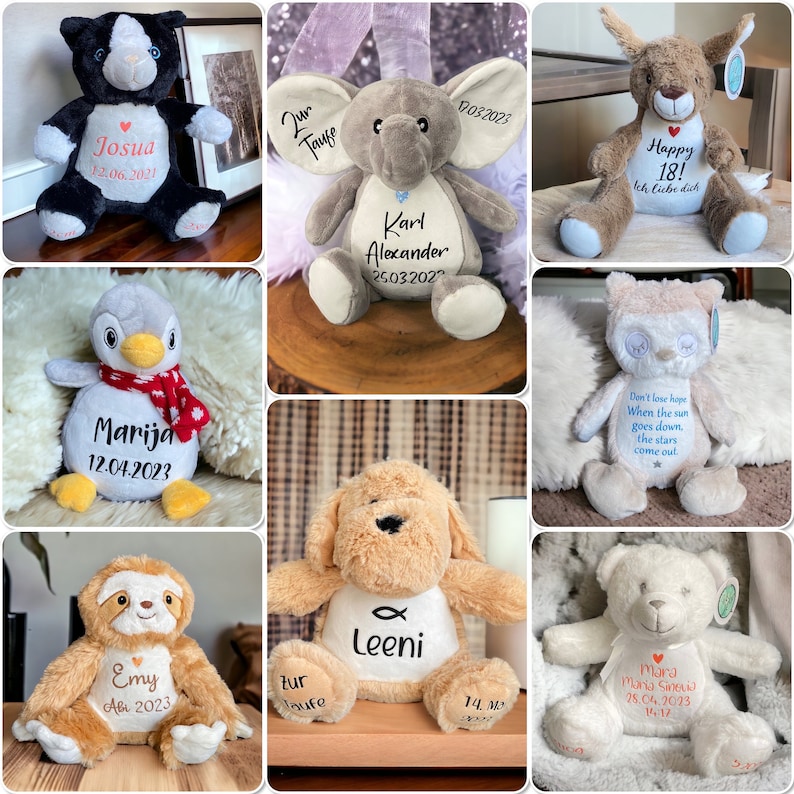 Stofftier mit Namen 26 versch. Kuscheltiere Baby Kinder personalisiert Geschenk zur Geburt Plüschtier mit Namen Bild 4