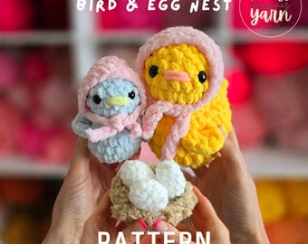 May include: Crochet pattern for a bird and egg nest. The pattern includes instructions for making a blue bird with a pink hat, a yellow chick with a pink hat, and a nest with three white eggs.