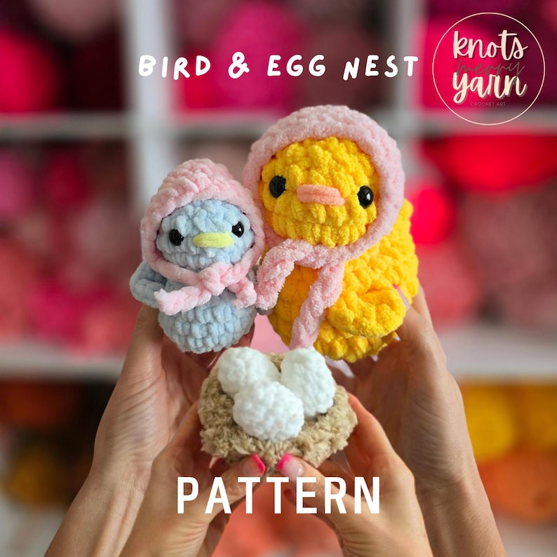 Patrón de ganchillo para nido de pájaro y huevo, sin costuras, amigurumi, descarga en PDF, KnotsMerryYarn