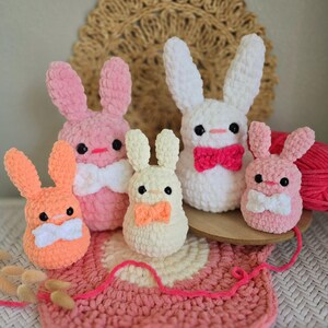 May include: Five crocheted bunny plushies in various colors, including pink, white, and orange. Each bunny has a small bow tie and is sitting on a pink and white crocheted rug.