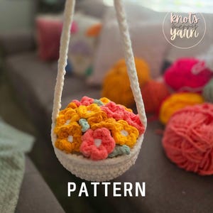 Panier de fleurs suspendu au crochet, motif au crochet, fil bohème, décoration, téléchargement PDF, noeudsMerryYarn