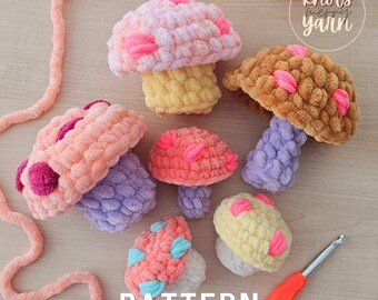 Patrón de hongo a crochet, costura baja, hongo hada, descarga en PDF con videotutorial, 2 en 1, KnotsMerryYarn